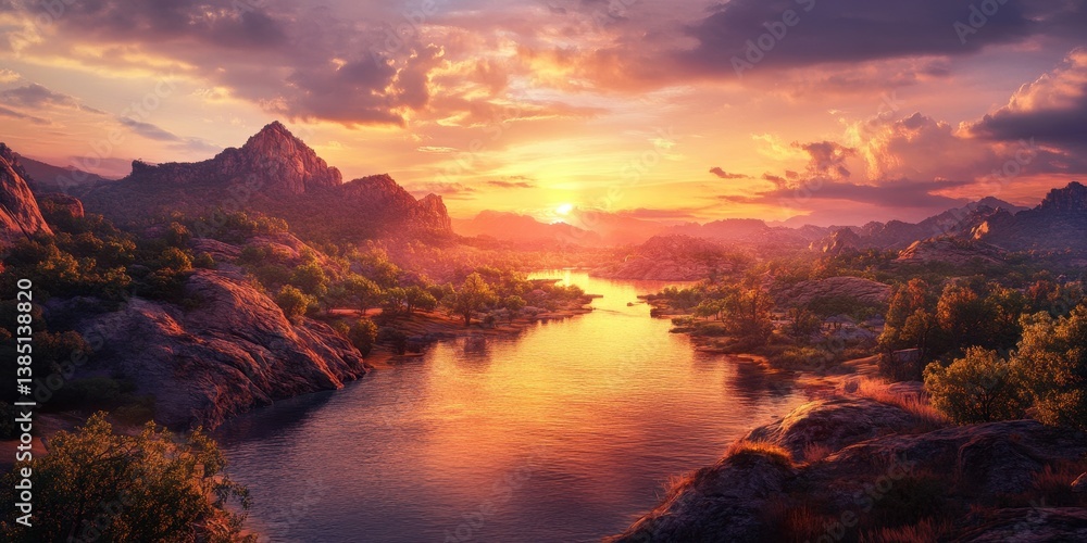 A Beautiful Sunset Illuminates the River Between Mountainous Landscapes A Beautiful Sunset Illuminates the River Between Mountainous Landscapes
