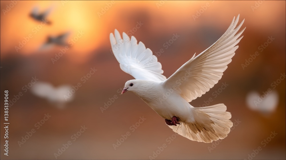 Obraz premium A pure white dove soars gracefully through the amber sky at dawn, wings fully extended, with softly blurred silhouettes of other birds in the background