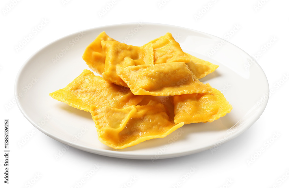Delicious ravioli on plate against white background Delicious ravioli on plate against white background