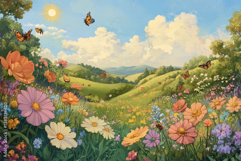 Naklejka premium A beautiful sunny meadow with flying butterflies and flowers