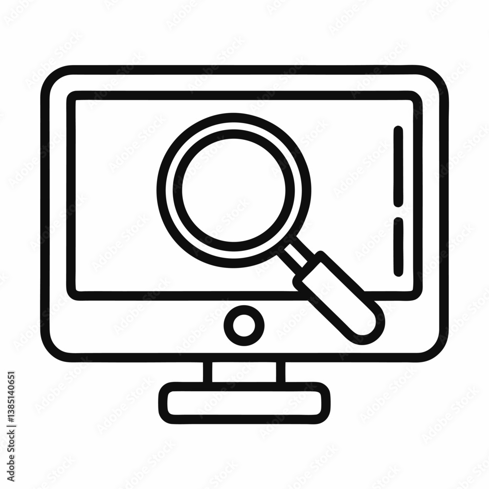 Screen and magnifying glass outline icon on white background Screen and magnifying glass outline icon on white background