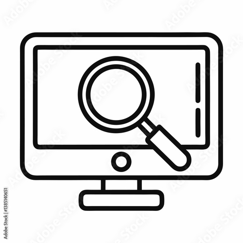 Screen and magnifying glass   outline icon on white background 