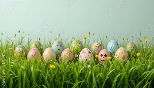 Brightly colored Easter eggs and cheerful daisies arranged on a vivid blue background.Happy easter