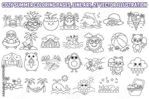 Cozy summer coloring pages, Line art vector illustration, bold and easy coloring page.  