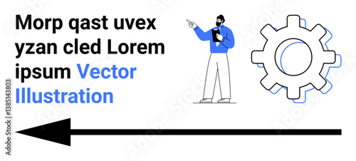 Businessman pointing while holding a notebook, large gear icon, and arrow symbolizing direction or workflow. Ideal for business, teamwork, strategy, process, management, instruction simple landing
