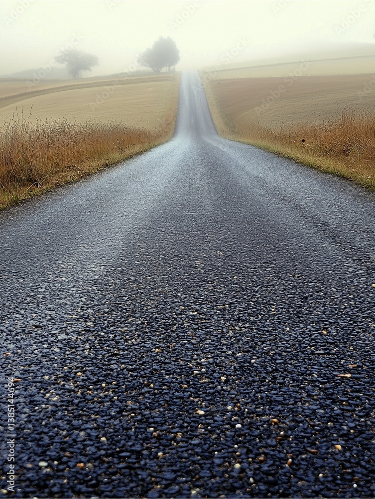 Naklejka premium Road to Horizon: An asphalt road stretches endlessly toward the horizon, guiding the viewer's gaze through a hazy, fog-laden landscape with silhouette trees and golden fields