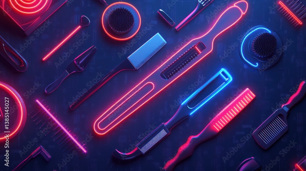 Neon Hair Styling Tools Flatlay, Dark Background, Beauty Blog Neon Hair Styling Tools Flatlay, Dark Background, Beauty Blog