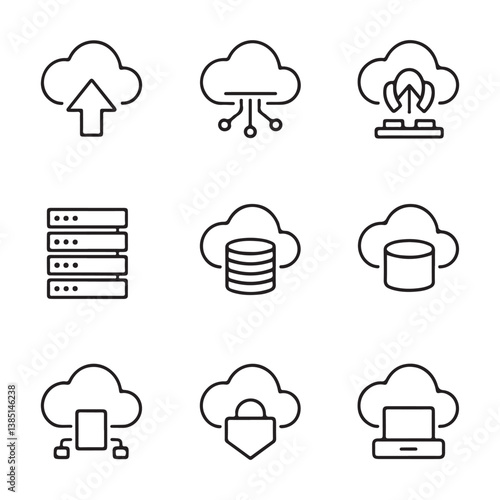 Cloud Computing and Web Hosting Icons. Simple Line Icons Depicting Cloud Computing Concepts.