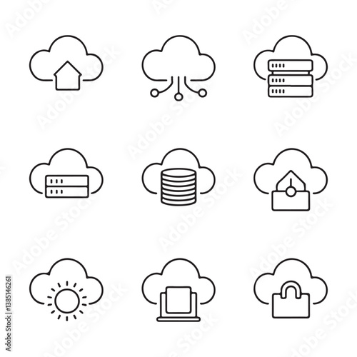 Cloud Computing and Web Hosting Icons. Simple Line Icons Depicting Cloud Computing Concepts.