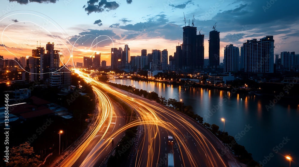 Fototapeta premium Urban Sunset City Lights Highway Traffic.