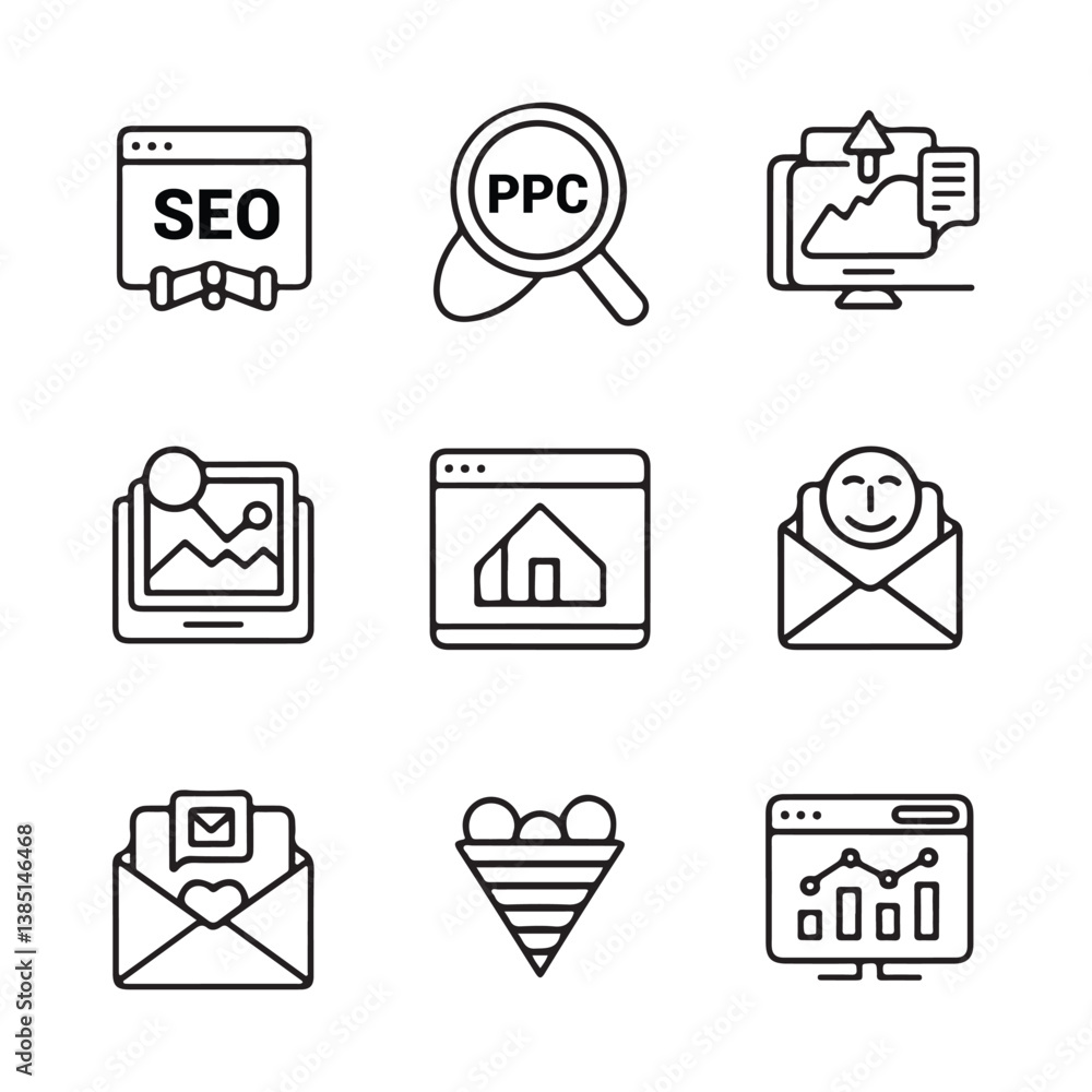 Digital Marketing and SEO Icons. Simple Line Icons Representing Digital Marketing Strategies. Digital Marketing and SEO Icons. Simple Line Icons Representing Digital Marketing Strategies.