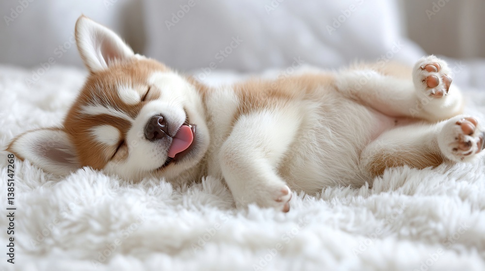Adorable siberian husky puppy taking a nap on its back in a cozy and comfortable bed Adorable siberian husky puppy taking a nap on its back in a cozy and comfortable bed