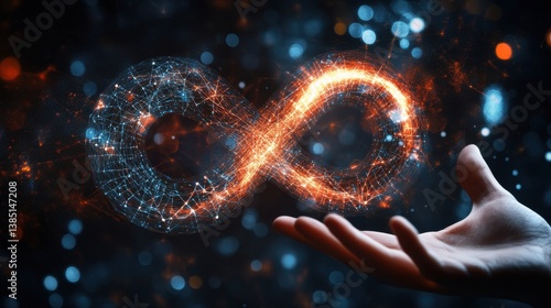 Hand holding endless infinity sign of virtual reality metaverse digital innovation game or internet future online simulation media cyber and world communication on connection.