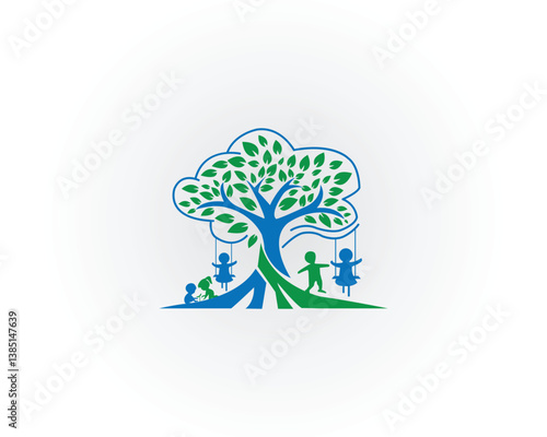 Kids play with tree logo vector icon design template.