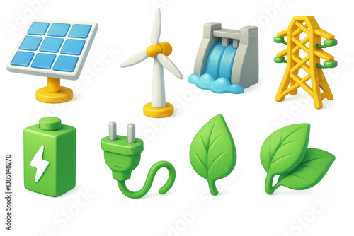 3d green energy icon set featuring solar, wind, and eco-friendly elements for sustainable designs