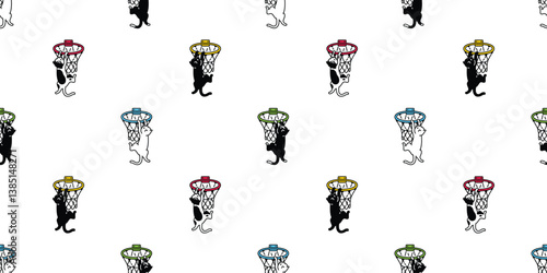 cat seamless pattern basketball hoop kitten calico sport cartoon dunk doodle pet illustration tile background gift wrapping paper repeat wallpaper