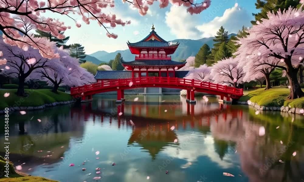 Picturesque View of Pond with Elegant Bridge and Pagoda During Cherry Blossom Season Picturesque View of Pond with Elegant Bridge and Pagoda During Cherry Blossom Season