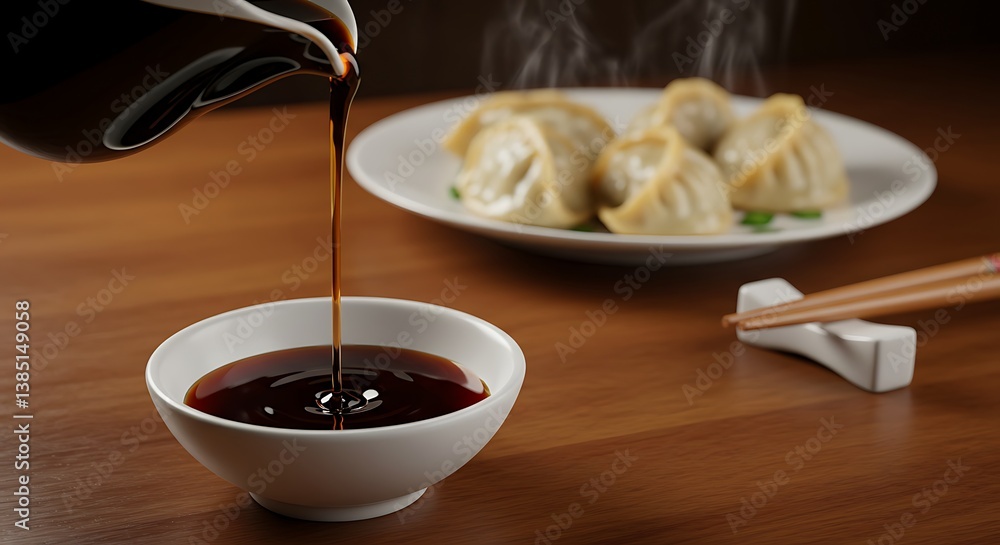 Pouring Soy Sauce Into Bowl with Steaming Dumplings on Table Pouring Soy Sauce Into Bowl with Steaming Dumplings on Table