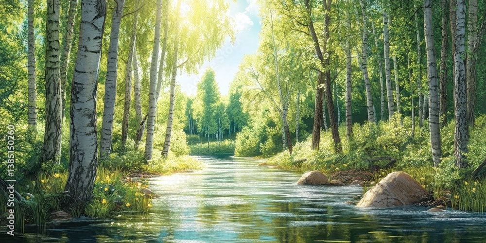 Obraz premium A vibrant stream flowing through a sunlit forest landscape