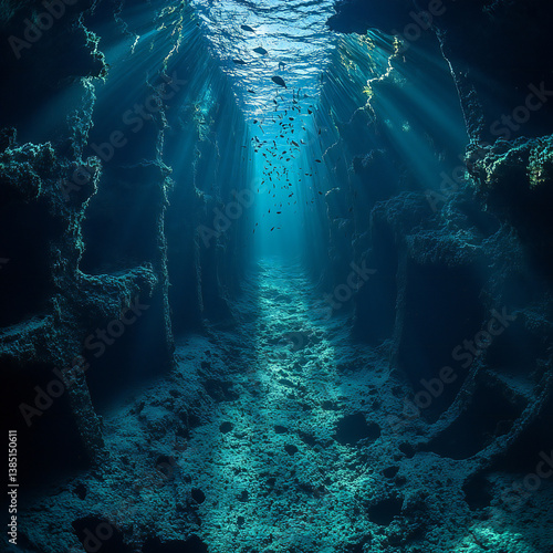 A mysterious underwater trench, with deep shadows and schools of fish swimming in the distance
