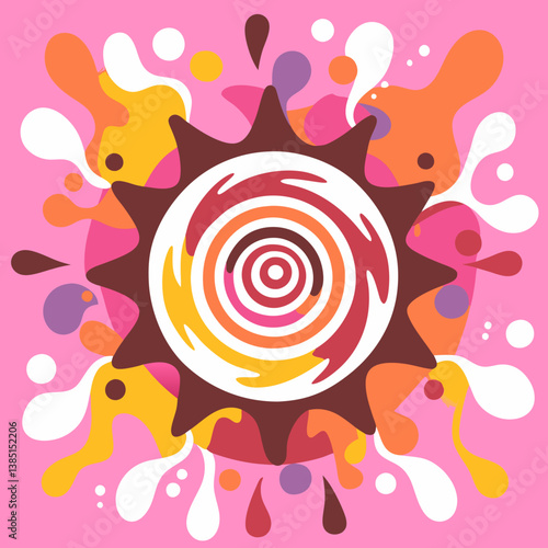 A vibrant sunburst explosion of joyful colors celebrating life's energy with a pink background and playful paint splatters.