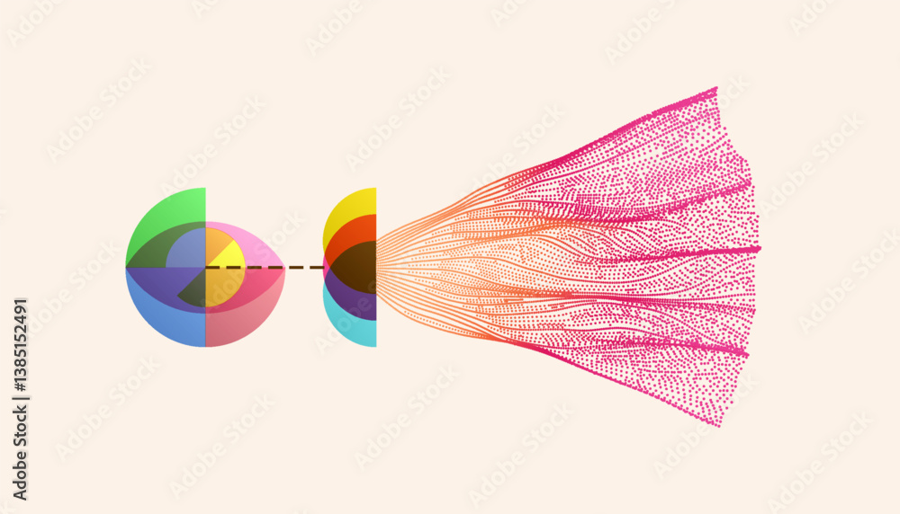 Geometric design. A branching system of dots depicting the scattering or focusing of particles. Physical phenomenon concept. Cover design pattern. An illustration of various overlapping elements.