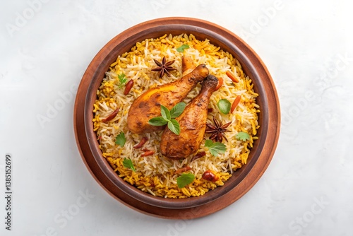 Chicken dhum biriyani using jeera rice and spices arranged in earthen ware with raitha and lemon pickle