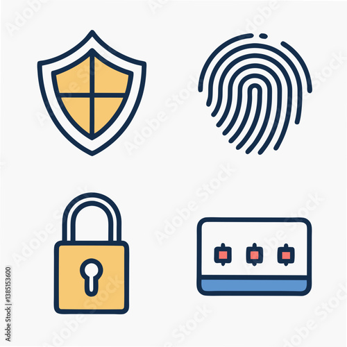 Design a vector icon pack featuring bold stroke security icons. Include lock, shield, firewall, key, fingerprint, surveillance camera, and padlock icons.