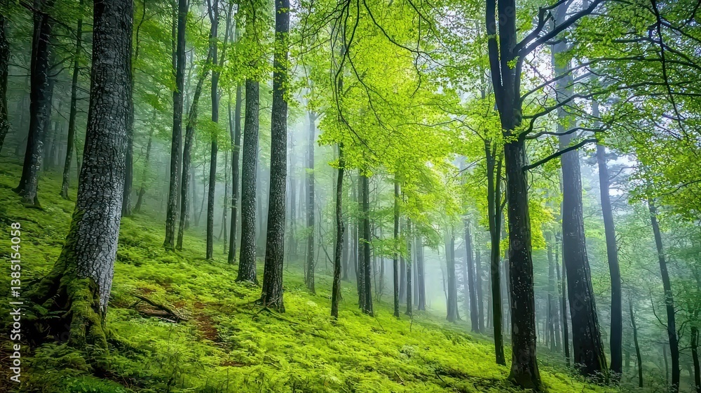 Obraz premium Misty forest scene with lush green foliage and tall trees.
