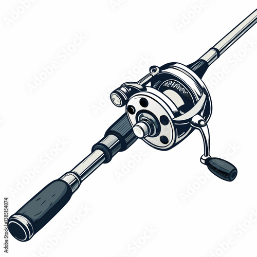 Create a bold, vector illustration of a baitcasting fishing rod and reel combo.  Design should feature thick, impactful strokes.