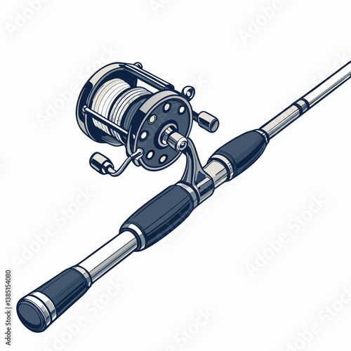 Create a bold vector illustration of a baitcasting fishing rod and reel combo.  Show realistic detail and strong linework.