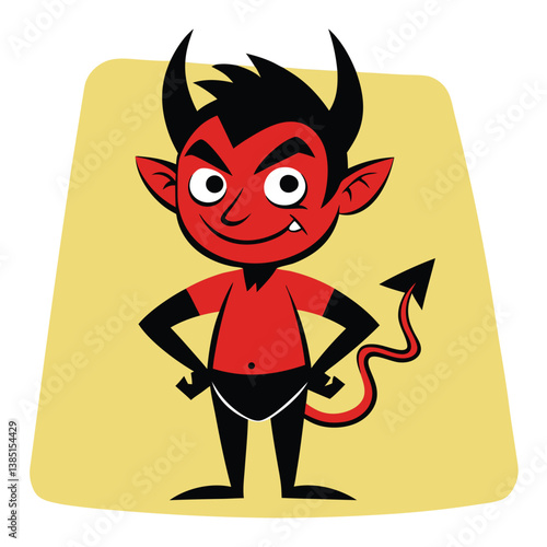 Cartoon Devil with Horns & Tail on Yellow Background