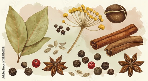 Various spices and herbs illustrated on a soft background  