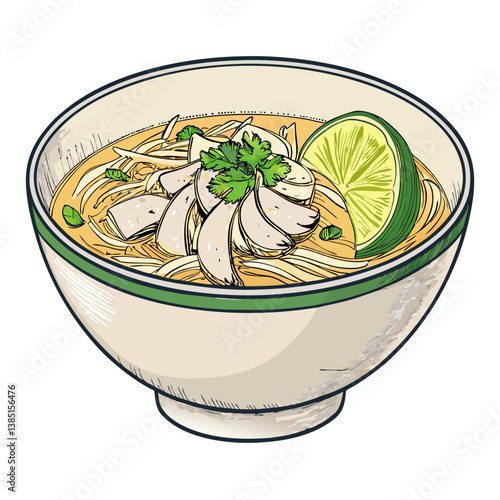 Create a bold vector illustration of a bowl of Soto Ayam, emphasizing rich, textured lines and vibrant colors.  Include chicken, noodles, and broth details.