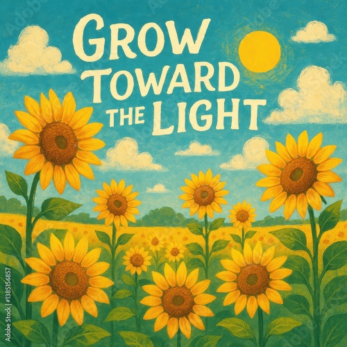 Vibrant sunflowers in a sunny field with inspiring quote 'grow toward the light'
