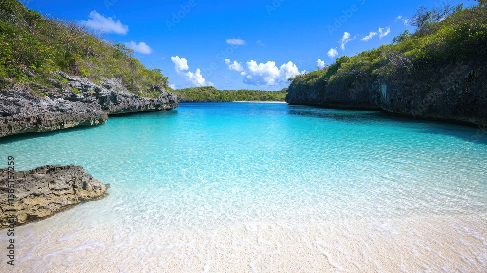 Obraz premium Secluded tropical cove with crystal clear turquoise water, white sand beach, and lush green cliffs.