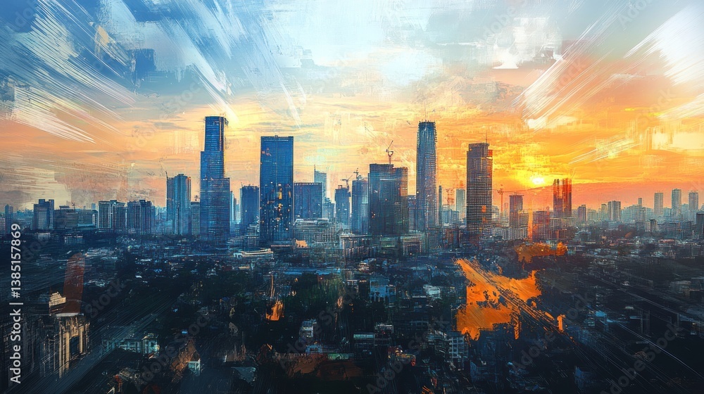 Fototapeta premium Cityscape sunset aerial view, urban development, sunrise, skyscrapers, painting effect