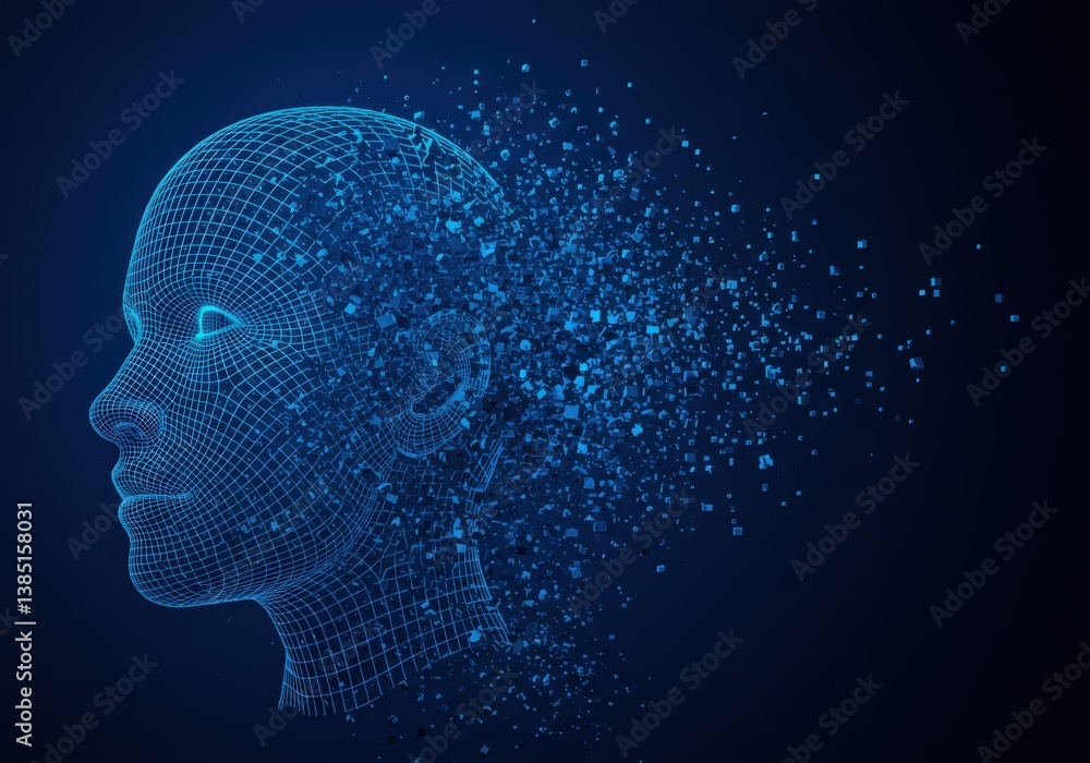 Obraz premium A striking depiction of a digital wireframe head with disintegrating fragments, on a blue backdrop.