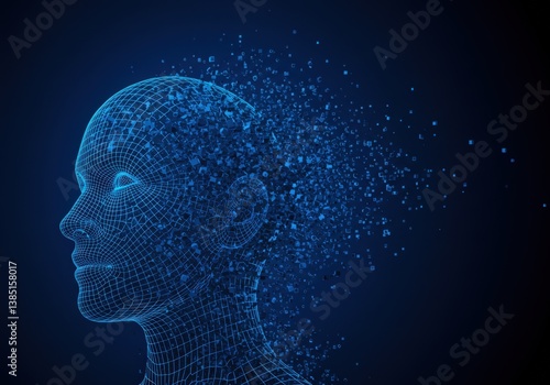 A blue wireframe human head morphing into scattered digital cubes, representing ai.