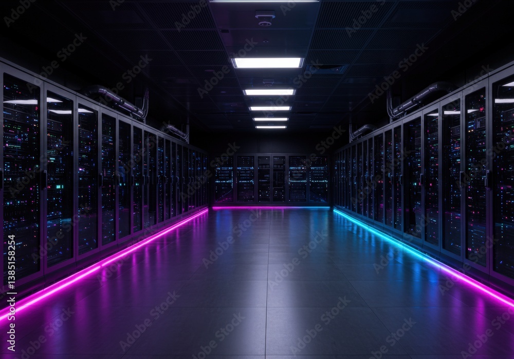 Fototapeta premium An impressive, neon-lit data center reveals rows of servers, essential for modern computing.