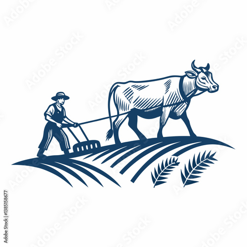 Create a bold vector illustration of a vintage cow-drawn plow, emphasizing strong, thick lines and vibrant color.  Include detailed textures on the wood and metal.