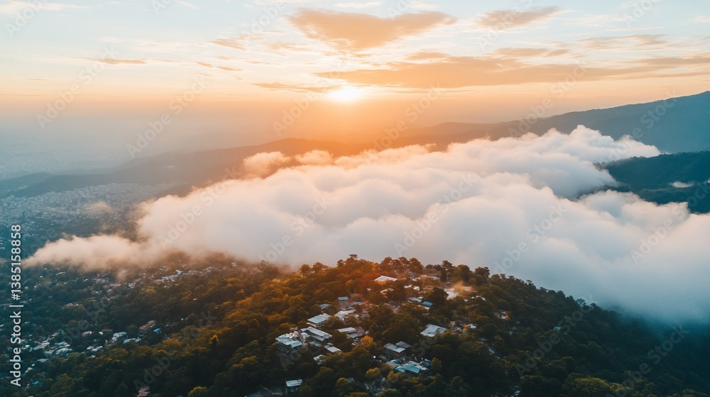 Aerial sunset view of town nestled in clouds, hills Aerial sunset view of town nestled in clouds, hills