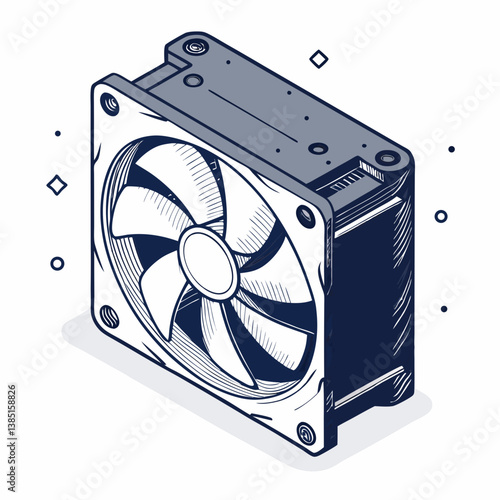 Create a bold vector illustration of a CPU cooler with a spinning fan, emphasizing strong lines and sharp details.