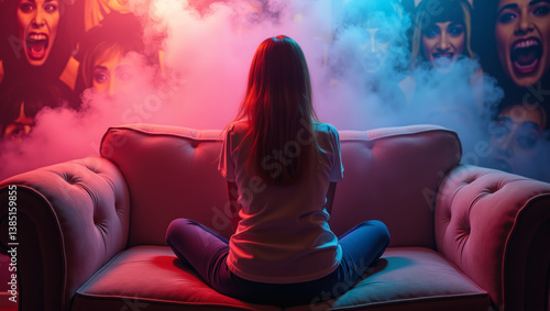 Woman Silhouetted Against a Wall of Screaming Faces in a Smoky Room