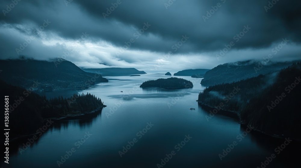 Naklejka premium Misty fjord, dark clouds, tranquil islands. Aerial perspective. Stock photo