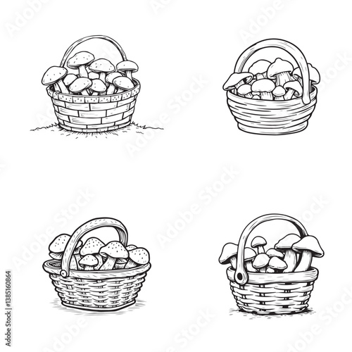 Set of Basket with mushrooms doodle style coloring page, Hand drawn line art autumn illustration with mushrooms and berries, forest gifts. Coloring book for kids and adults. Vector illustration