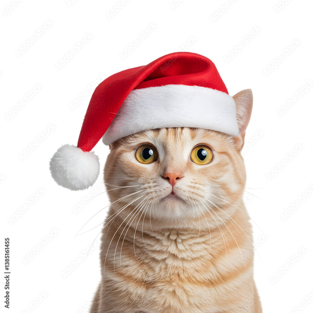 Cue cream colored cat wearing santa hat with wide eyed expression and soft fur texture isolated on a transparent background Cue cream colored cat wearing santa hat with wide eyed expression and soft fur texture isolated on a transparent background