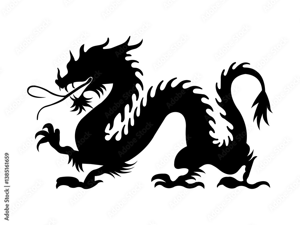 Obraz premium Black Dragon Icon. Black Chinese Dragon Silhouette Isolated on White Background.