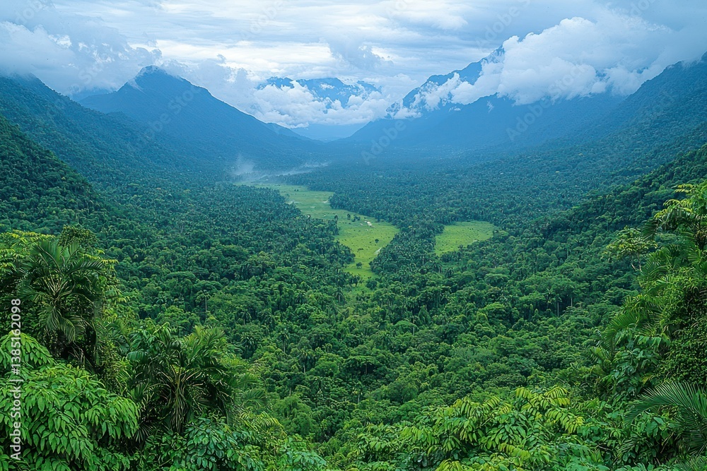 Naklejka premium Serene Rainforest Valley Panorama: Lush Green Canopy, Majestic Mountains
