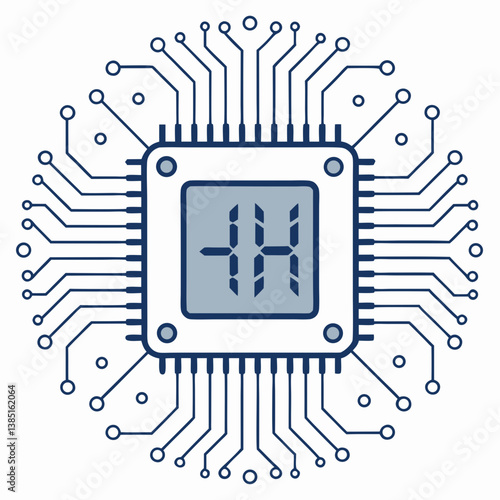 Create a bold, vector illustration of a digital clock circuit, emphasizing thick outlines and clean lines.  Include glowing LEDs.